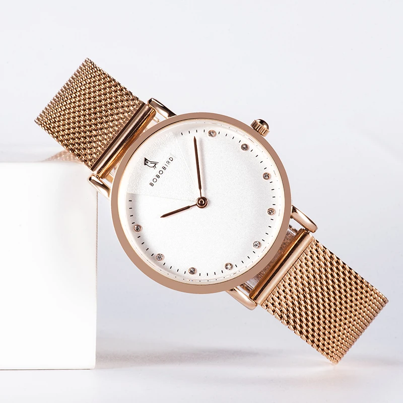 Reloj mujer BOBO BIRD дизайн кварцевые наручные часы с сетчатым стальным ремешком повседневные тонкие Романтические часы из розового золота водонепроницаемые подарочная коробка