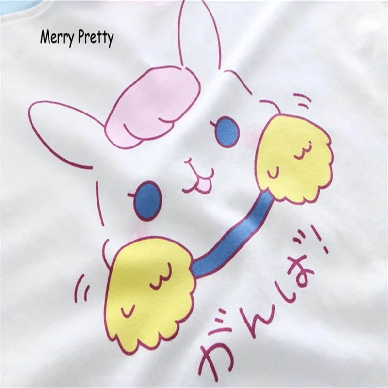  Merry Pretty women hooded sweatshirts sweet rabbit print short sleeve cotton hoodies pink patchwork