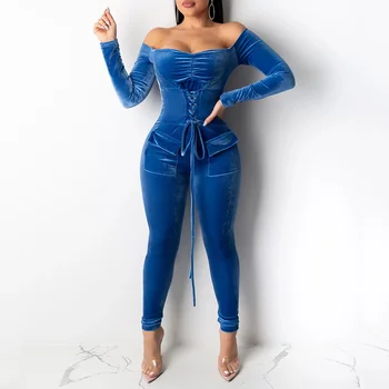 

Off Shoulder Velvet Sexy Long Jumpsuit Women Long Sleeve High Waist Tunic Tight Jumpsuit Party Rompers Vintage Blue