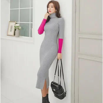 

2019 New Runway autumn Women Long Sweater maxi splice Dress Turtleneck Pullover Slim Elegant vintage Knitted Dresses vestidos
