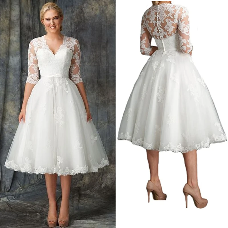 

Vestido de Novia Elegant Short Wedding Dresses Tea Length Bride Robe de Mariée V-Neck Half Sleeves A-line Party vestido novia