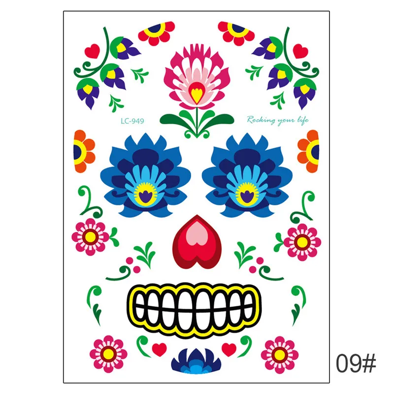 Новая временная татуировка на Хэллоуин наклейка 1 шт День мертвых Dia de los Muertos маска для лица сахар тату наклейка с черепом - Color: 1pcs Color 13
