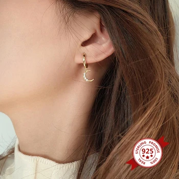 

925 Sterling Silver Star and Moon Earrings for Women Charms Zircon Huggie Hoop Earrings For Girls Korean Fashion Jewelry