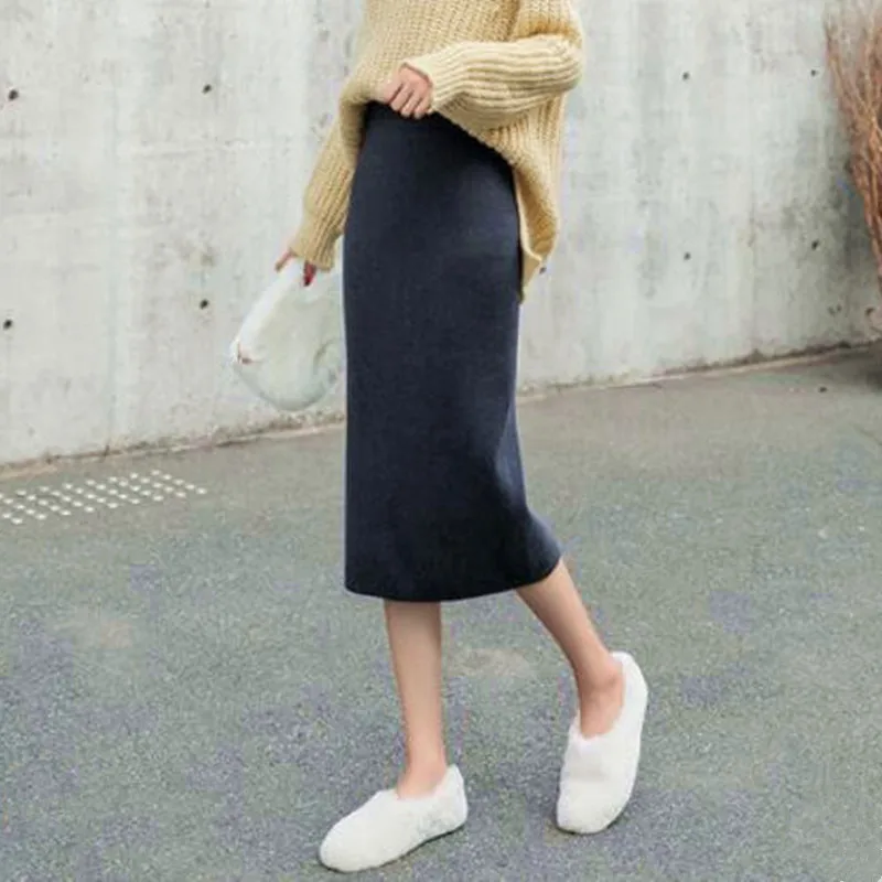 Fdfklak, Вязаная Шерстяная Женская юбка средней длины, Осень-зима, новинка, облегающая юбка, черная, с высокой талией, с разрезом, женские юбки