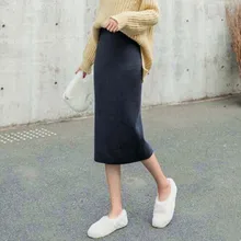 Fdfklak, Вязаная Шерстяная Женская юбка средней длины, Осень-зима, новинка, облегающая юбка, черная, с высокой талией, с разрезом, женские юбки