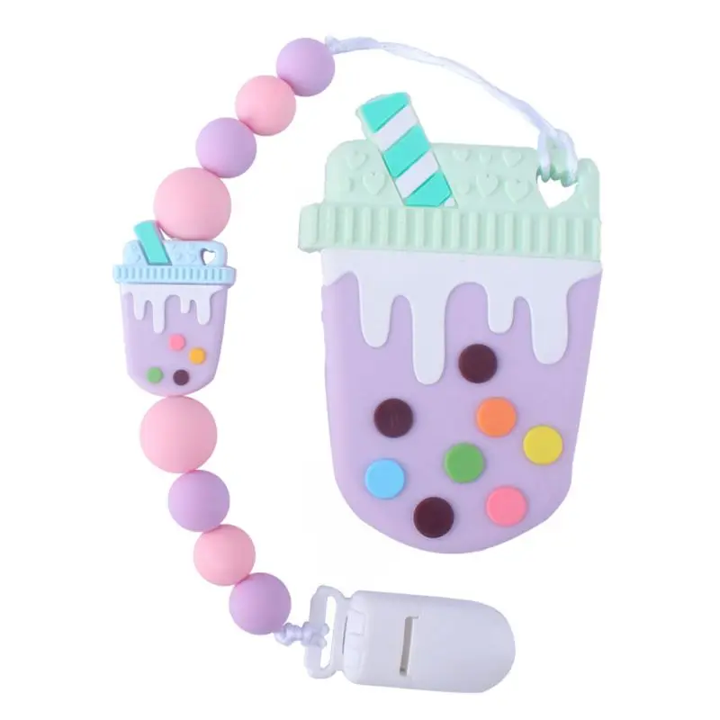 Детский Прорезыватель для зубов с милым рисунком молочного чая/енота/коалы, гелевая Соска-пустышка с цепочкой для новорожденных, силиконовый зажим для сосков - Цвет: 74-PL