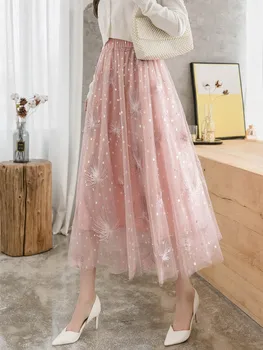 

Spring Women Tulle Sequin Skirts New 2020 High Waist Gauze Embroidery Skirt Women's Clothing Casual A-line Sequined Mesh Skirts