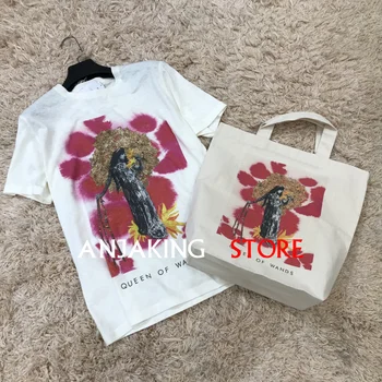 

Queen printed T-shirt quality retro T-shirt fashion T-shirt cotton linen tops Women's new 2020 T-shirt+bag