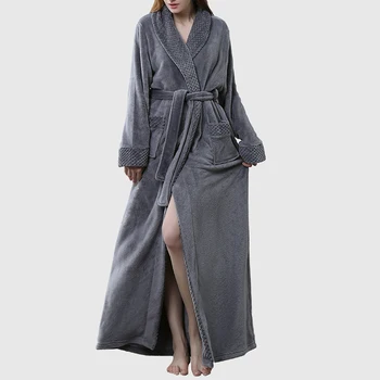 

Women Flannel Bath Robe Sleepwear 2020 Autumn Winter Solid Plush Ankle-Length Bathrobe Thick Warm Female Robe Dropshipping