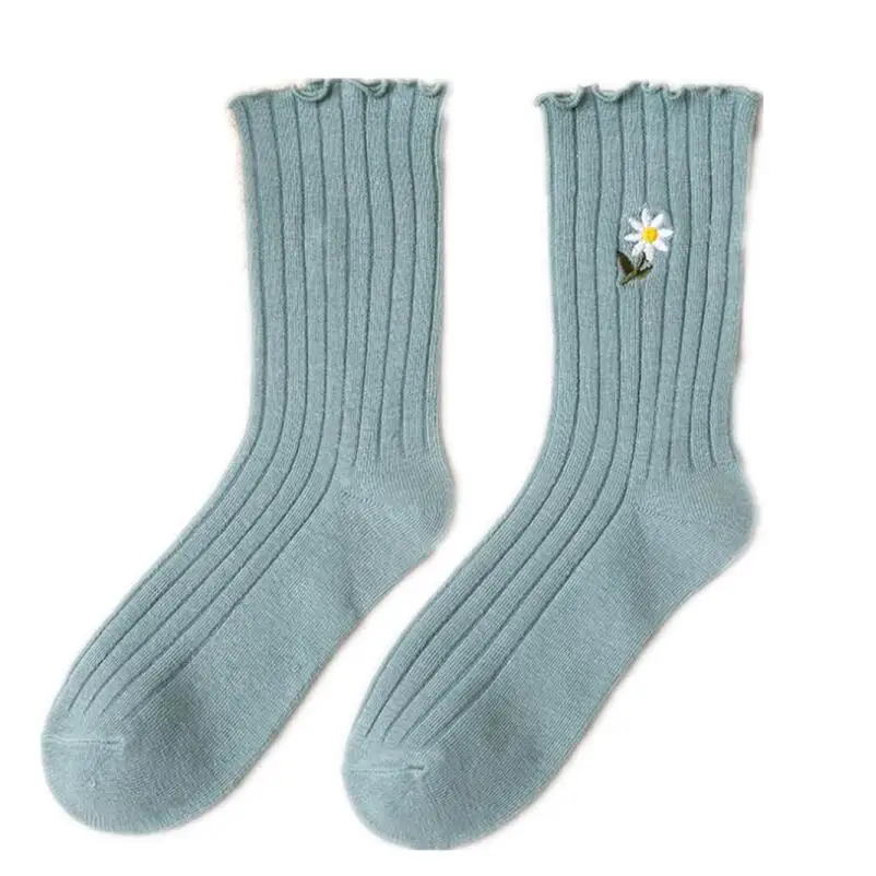 Fashion Candy Colors Wrinkle Cuff Girls Daisy Embroidered Ankle Socks