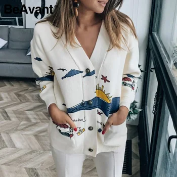 

BeAvant Cartoon V-neck women's cardigan Button down shoulder sleeve casual loose pocket coat Autumn winter knitted sweater 2020