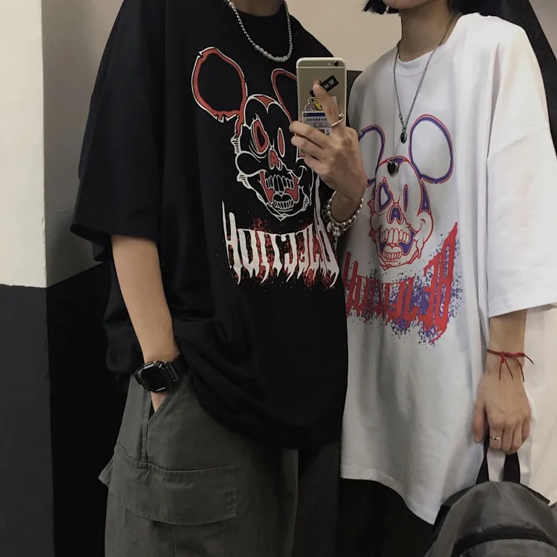 

2020 Summer Korean Short-Sleeved Tshirt Couple Harajuku Vintage Cartoon Printing Bf Loose O-Neck T-Shirt Tops For Women Party