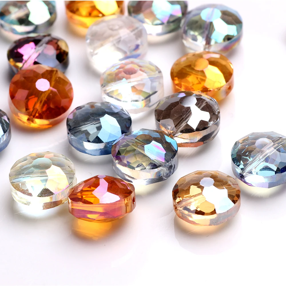 Faceted Round 14mm DIY Finding Jewelry Flat Spacer Beads Crystal 10PCS Glass