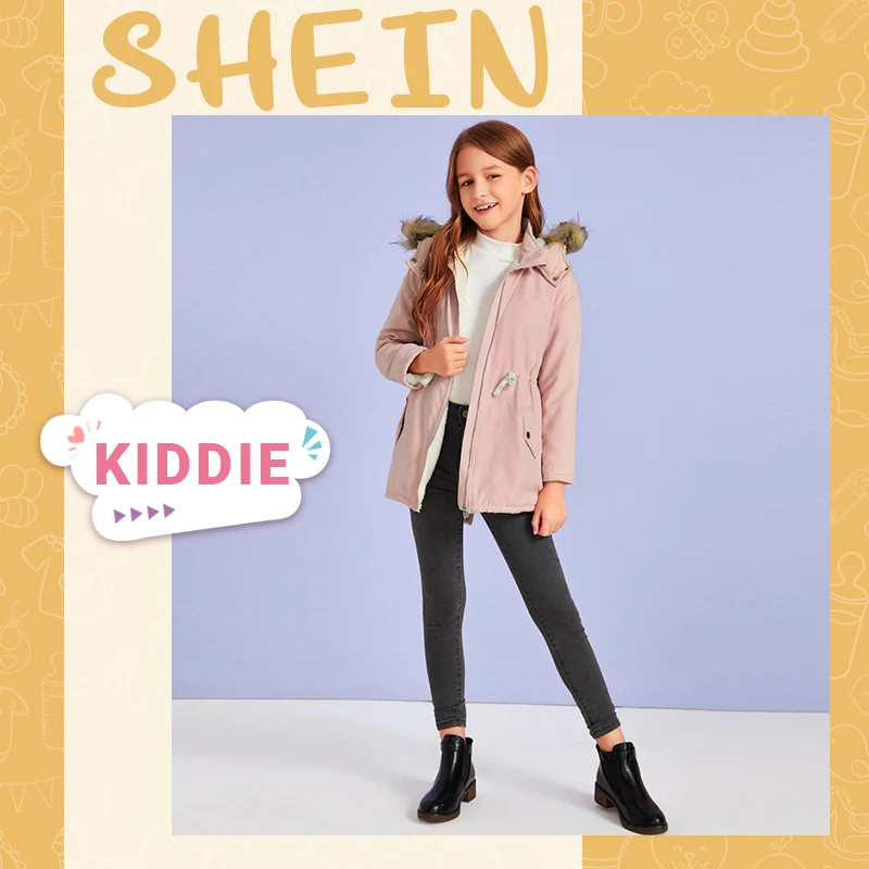 SHEIN/однотонная Зимняя парка с искусственным мехом и завязками на талии; детское осеннее пальто на молнии с длинными рукавами и разрезом спереди; повседневные пальто