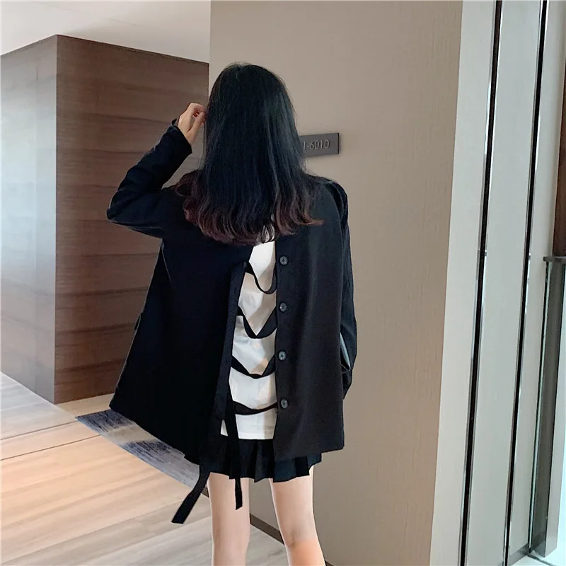 

Photo Shoot behind Bandage Cloth Slit Small Suit Women's Korean-style Loose-Fit CHIC Thin Coat Suit + White Shirt
