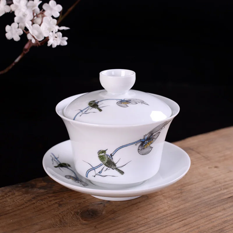 Ручная роспись синий и белый фарфор gaiwan чайная тарелка китайская керамическая чашка для чая набор покрытая чаша с крышкой чашка блюдце - Цвет: 04