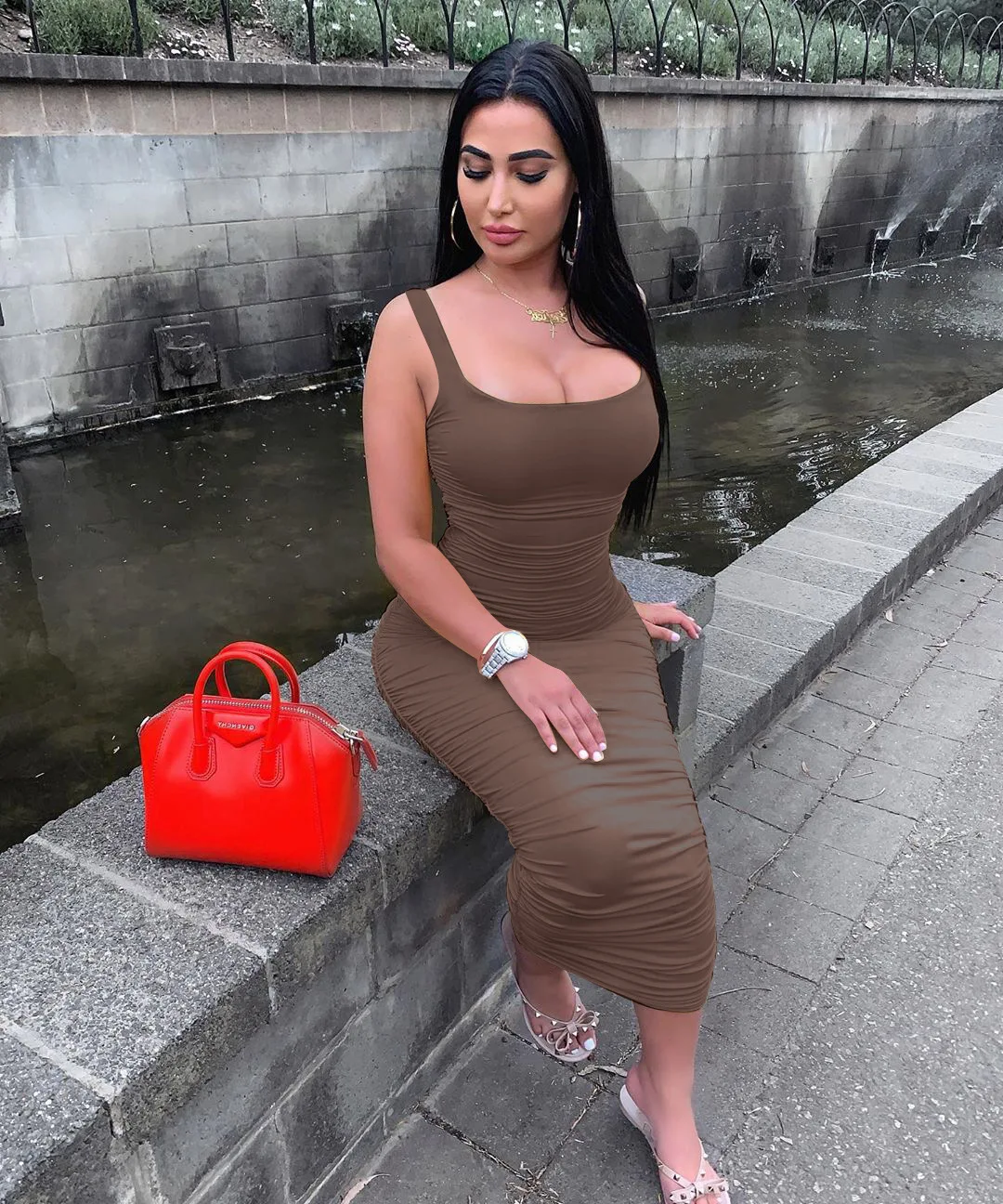 Summer women's dress casual beach style solid color sexy sleeveless slim-fit pleated beach dress