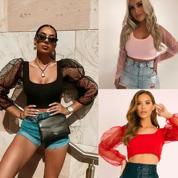 

Sexy Lady Girls Women Mesh Perspective Shirts Off Shoulder Chiffon Blouse Tops Lolita Puff Sleeve Flared Shirts