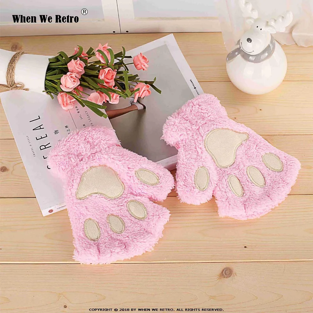 Pink Когда мы Ретро Женщины Милая кошачья лапа QY0470 плюшевые варежки теплые мягкие короткие без пальцев пушистый медведь кошачьи перчатки половина пальца белый бежевый - Цвет: Pink