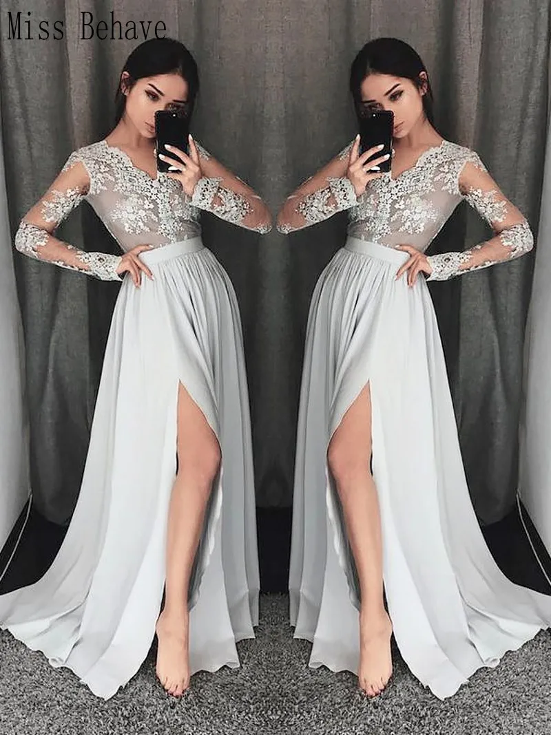 

DD JYOY Long Sleeve Evening Dress for Women Lace Evenign Gowns Front Splity Dress with Train Illusion Body