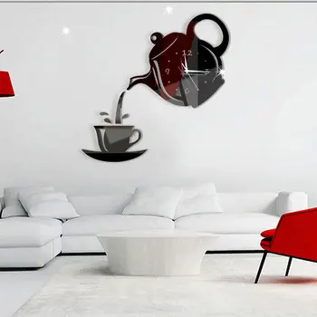 

Creative Cartoon Tea Pot Mirror Mute Wall Clock Bedroom Living Room Decorative Acrylic Wall Stickers Home Decor GZ089