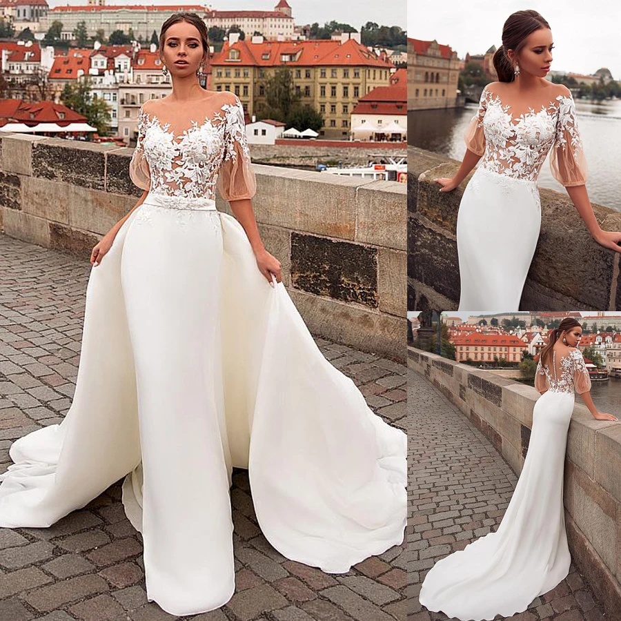 

Delicate Scoop Illusion See-through Bodice 2 In 1 Wedding Dress With Lace Jacket Appliques & Detachable Skirt Bridal Dresses