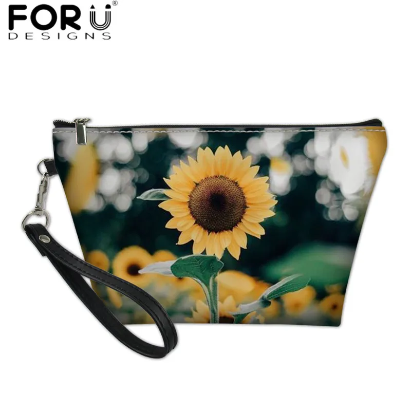 

FORUDESIGNS Daisy Sunflower Print Small Cosmetics Case Fashion Women Multifunction Makeup Pouch PU Leather Toiletry Bag for Girl