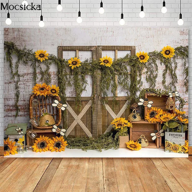 

Mocsicka Spring Sunflowers Wooden Door Backdrops Bee Day Honey Cake Smash 1st Birthday Photographic Studio Photo Backgrounds