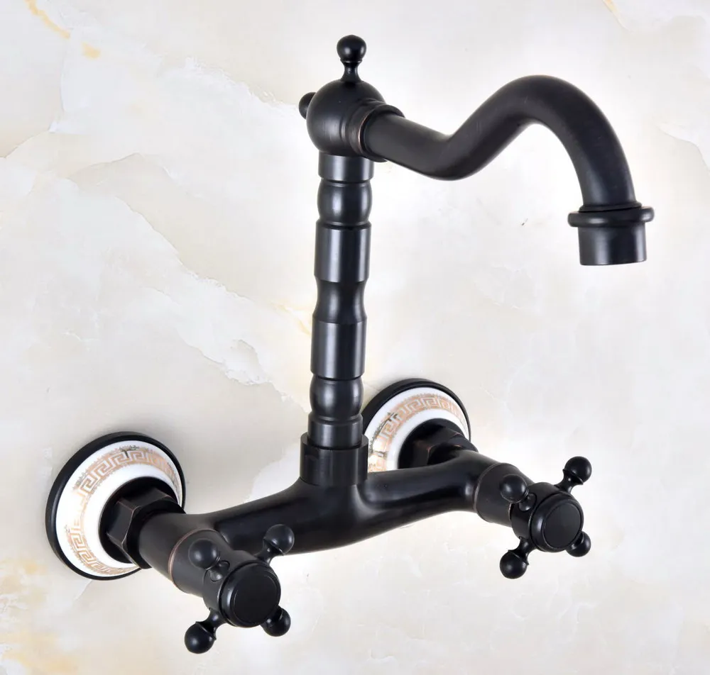 

Black Oil Rubbed Bronze Bathroom Kitchen Sink Faucet Mixer Tap Swivel Spout Wall Mounted Two Handles mnf872