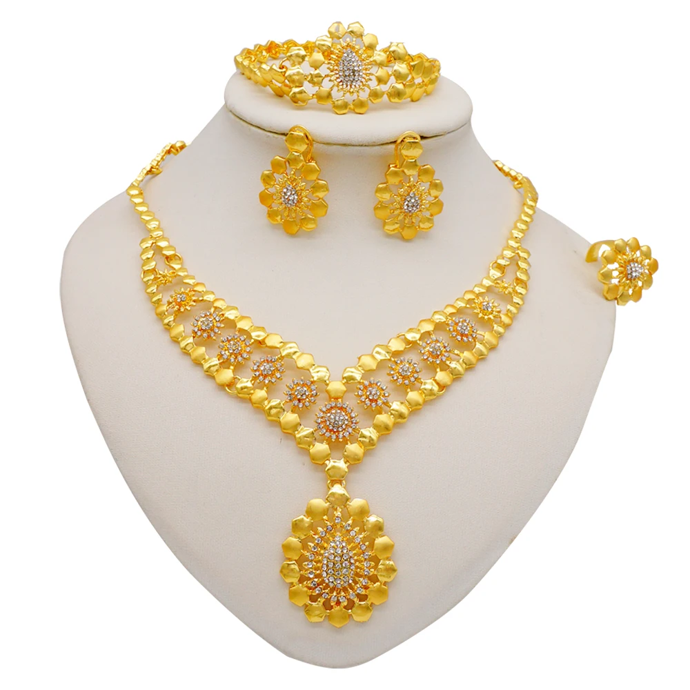 

Jewelry Sets New Dubai 24K Multi-color Ornament For Women Necklace Earrings Bracelet Ring African Wife Gifts Jewelery Set