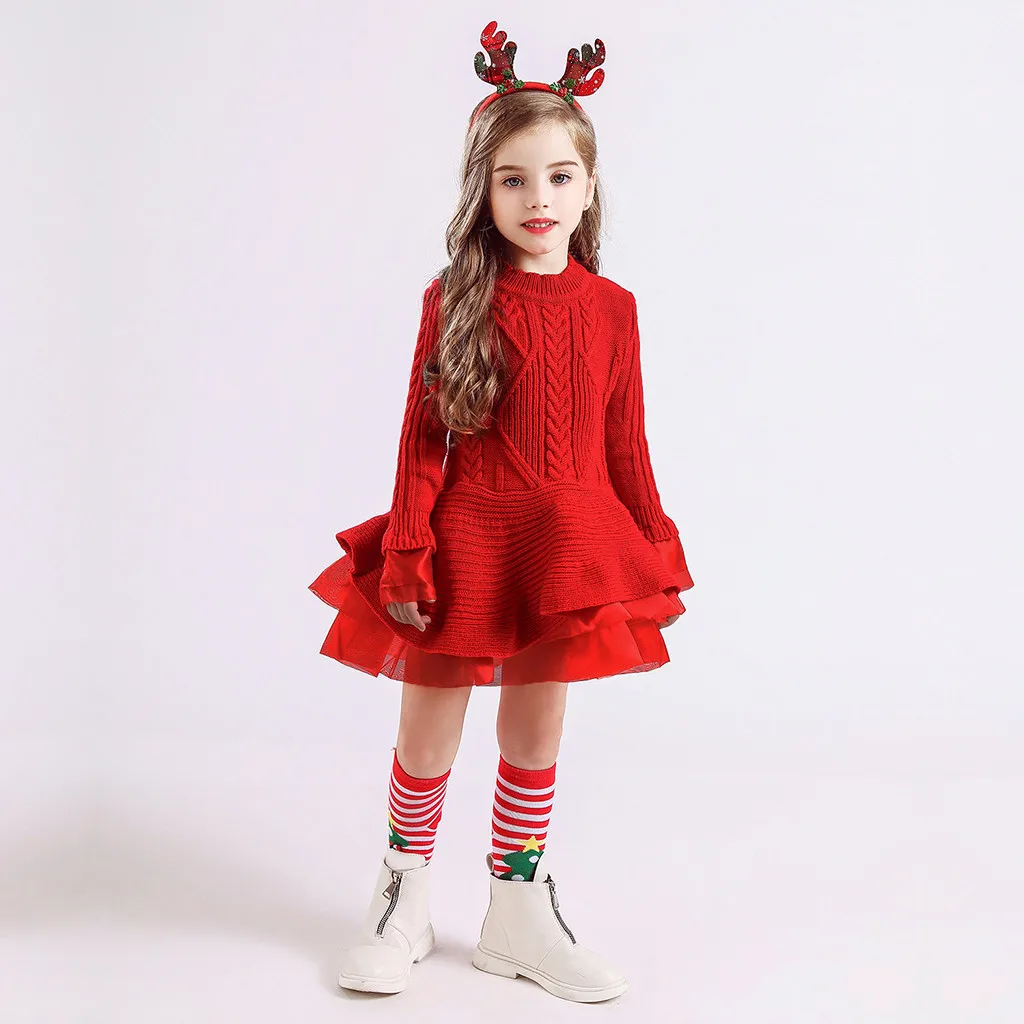 Платье с оголовье для девочек; Рождественская однотонная одежда для малышей; теплый свитер из тюля; вязаное крючком платье принцессы;# es