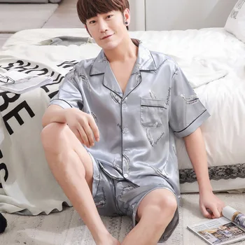 

2PCS Pajamas Suit Nightwear Casual Nightgown Sleepwear Satin Men Home Clothing Sleep Set Turn Down Collar Gray Print Homewear