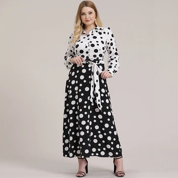 

Siskakia Plus Size Women Dress Black White Polka Dot Hit Color Patchwork Single-breasted Shirt Collar Long Sleeve Dresses 2020