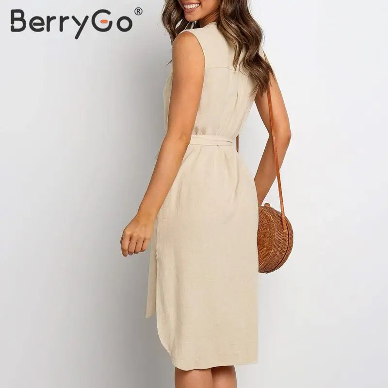 BerryGo, без рукавов, весеннее однотонное платье для женщин, летнее, Дамское, хлопок, шикарный пояс, офисное платье, элегантное, v-образный вырез, однобортное, короткое платье