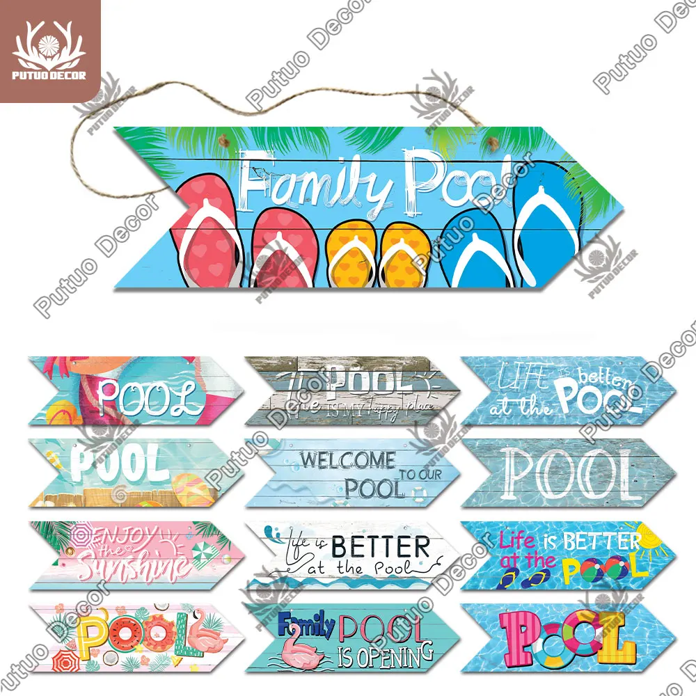 Putuo Decor Pool Signs Arrow Wood Sign Summer Wooden Plate Hanging Plaque for Home Swimming Seaside Beach Wall Decoration | Дом и сад