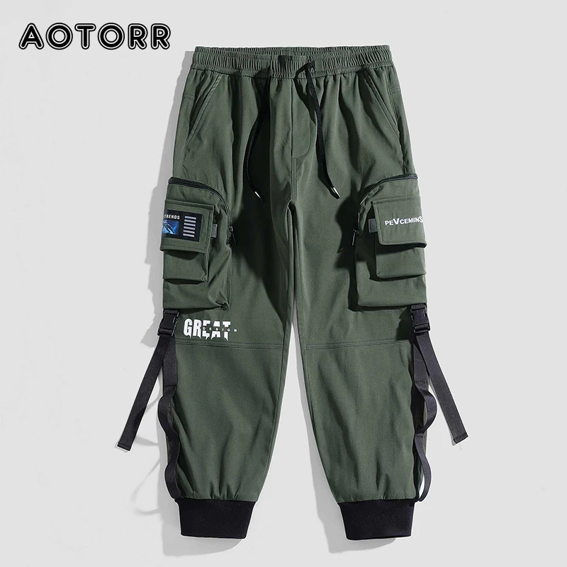 cargo joggers for men Men Cargo Pants Hip Hop Black Ribbons Joggers Sweatpants Male Multi-Pocket Harem Pants Harajuku Fashions Tide Trousers combat trousers