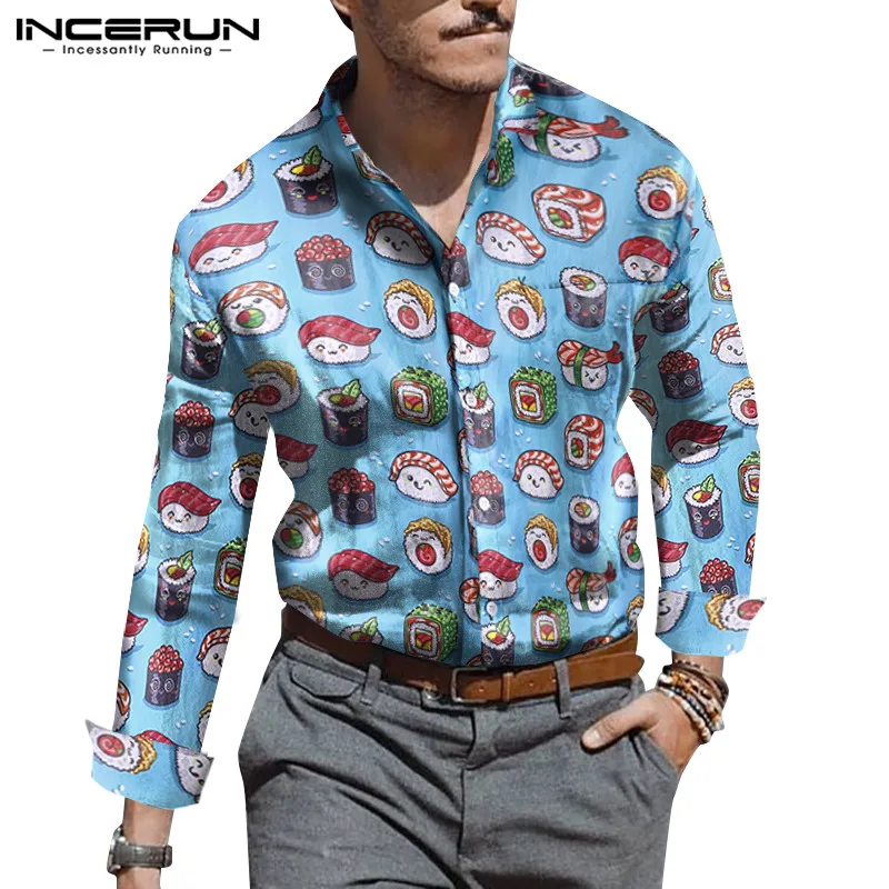 INCERUN/уникальная рубашка с длинными рукавами и отложным воротником с рисунком из мультфильма для мужчин, уличная одежда, Harajuku, для мужчин, блузка Hombre