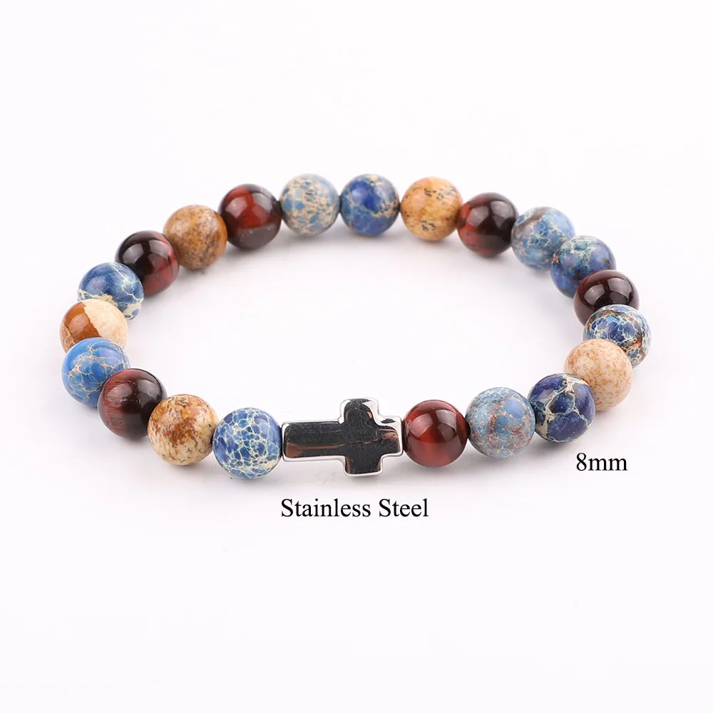 High Quality New Design Stainless Steel Cross Natural Stone Vintage Genuine Leather Bracelet Men