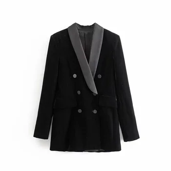 

Autumn 2019 women's new Lapel long sleeve color panel flap pocket with velvet dress suit coat 02731282800