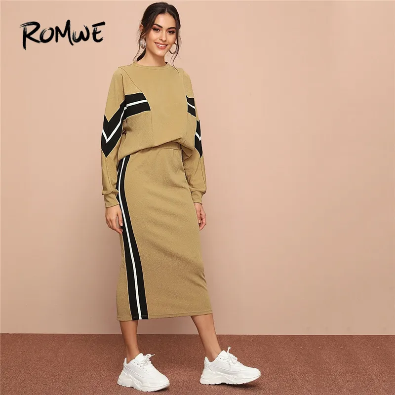 Online ROMWE Gestreiften Strukturierte Top Und Split Zurück Bleistift Rock 2 Stück Set Frauen Casual Langarm Trainingsanzug Midi Rock Zwei stück Outfit