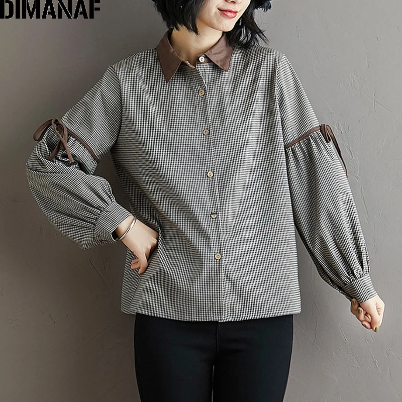  DIMANAF Plus Size Women Blouse Shirts Office Lady Tops Tunic Cotton Autumn Loose Long Sleeve Vintag