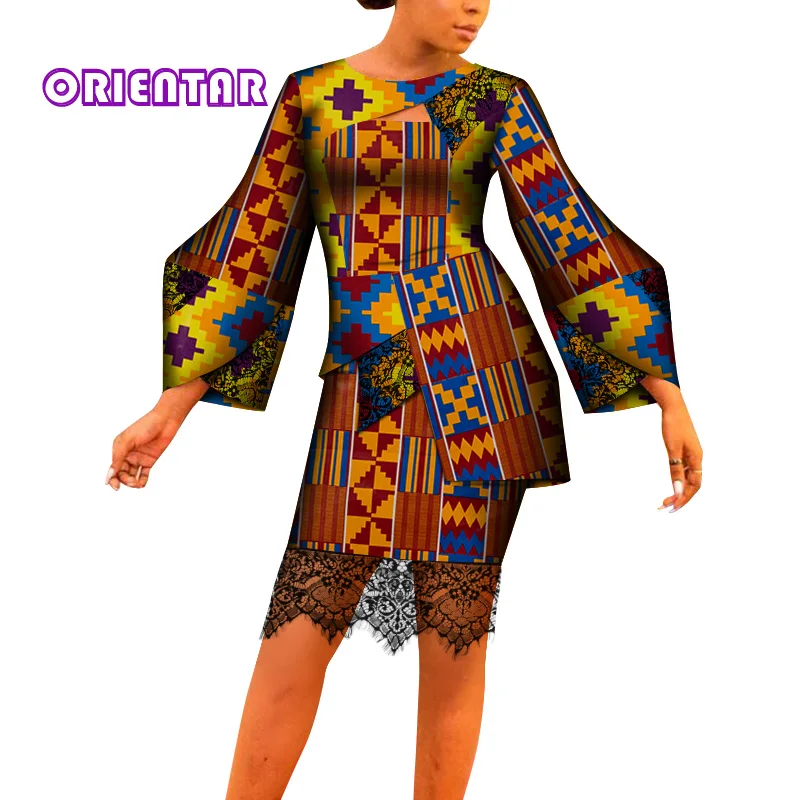 

Fashion African Dresses Women African Print Patchwork Dress with Lace Bazin Riche Africa Clothing Short Ankara Dress WY8054
