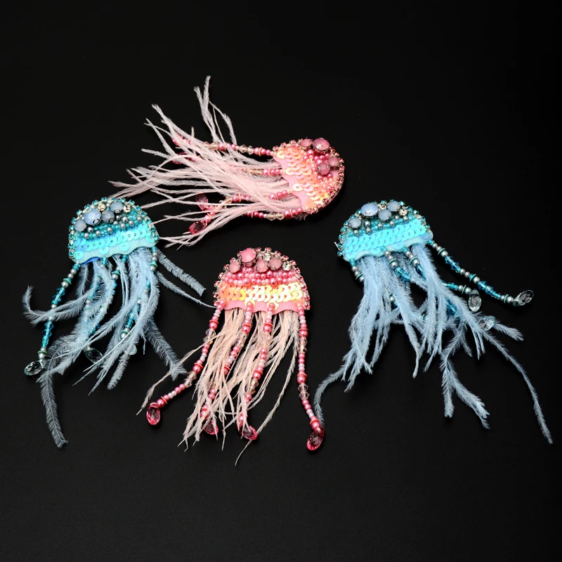 Hand sequin nailed beads jellyfish patch with pin for DIY brooch badge  clothes bag shoes suit