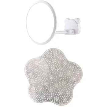 

360 Degree Suction Cup Adjustable Bendable Shaving Makeup Mirror(White) with White Silicone Bathroom Massage Mat