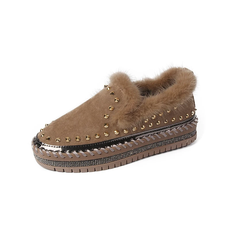 velvet khaki Обувь на толстой платформе; женские лоферы без застежки; mujer; коллекция года; модная повседневная женская обувь на плоской подошве с заклепками; женская обувь с круглым носком; сезон осень-зима - Цвет: velvet khaki