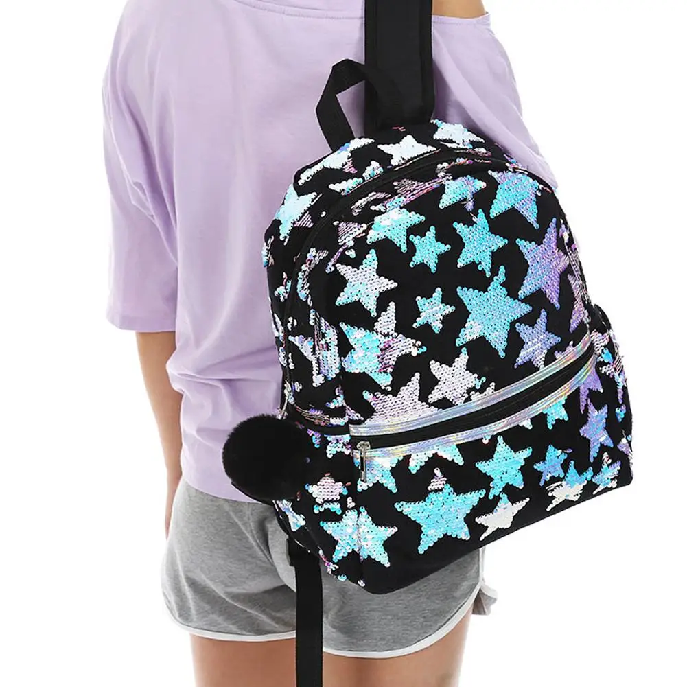 

Fashion Fashion Women Bag Cartoon Black Shiny Sequin Star Casual Backpack Lady Fashion 2019 Backpacks