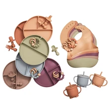 Vajilla de alimentación para bebé, cuenco de silicona de grado alimenticio, plato para babero, cuchara, chupete, pulsera de cadena, juego de alimentación de silicona sin BPA, 6 uds.