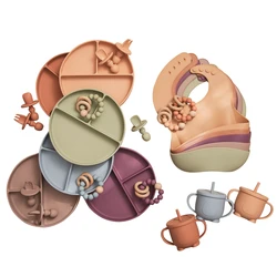 6PCS Baby Feeding Tableware Food Grade Silicone Bowl Bib Plate Spoon Pacifier Chain Bracelet Silicone Feeding Set BPA Free