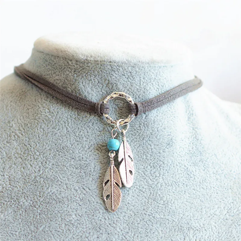

Choker Black Brown Leather Choker Necklace Antique Silver Color Feather Shape Charm Bohemian Chain Necklace