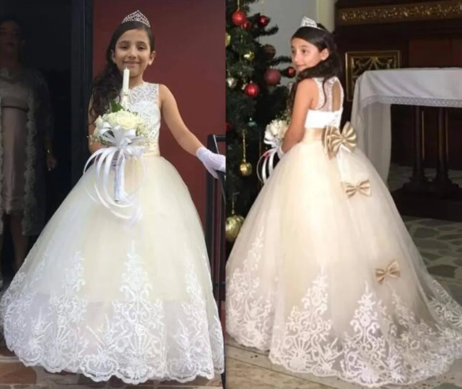 

Flower Girl Dress for Weddings with Bows Puffy Tulle Kids Clothes Birthday Party Pageant Gown for Girls Custom Made